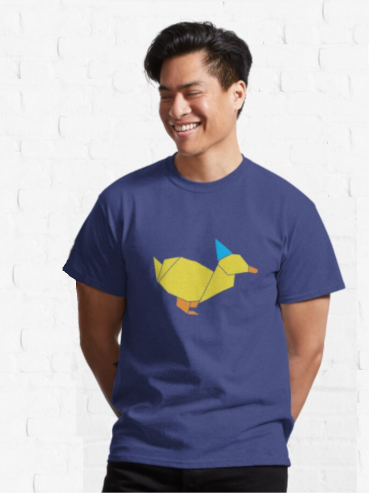 origami duck with a party hat on a shirt