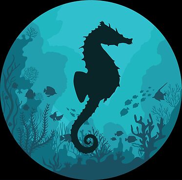 Under the sea design with seahorse. Design is available on shirts, mugs, stickers, buttons, clocks.